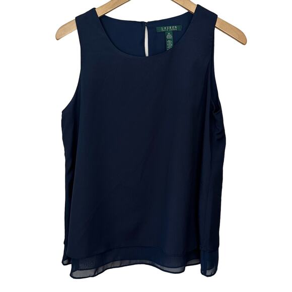 Lauren Ralph Lauren Blue Tank Shell Blouse Womens Top Size M Sheer Hem Career - Picture 1 of 7